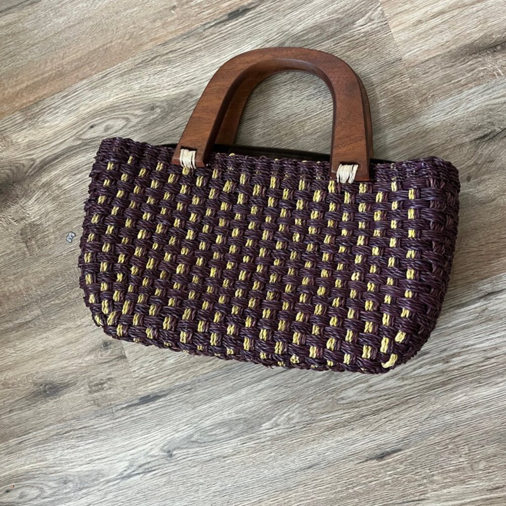 Vintage Crochet Straw Bag Acrylic Handle